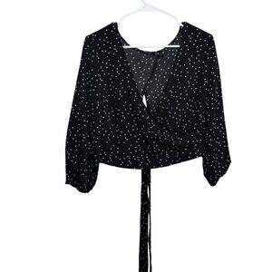 Mind Code Blouse Women's Large Black Star V-Neck Open Back Tie 3/4 Sleeve Top